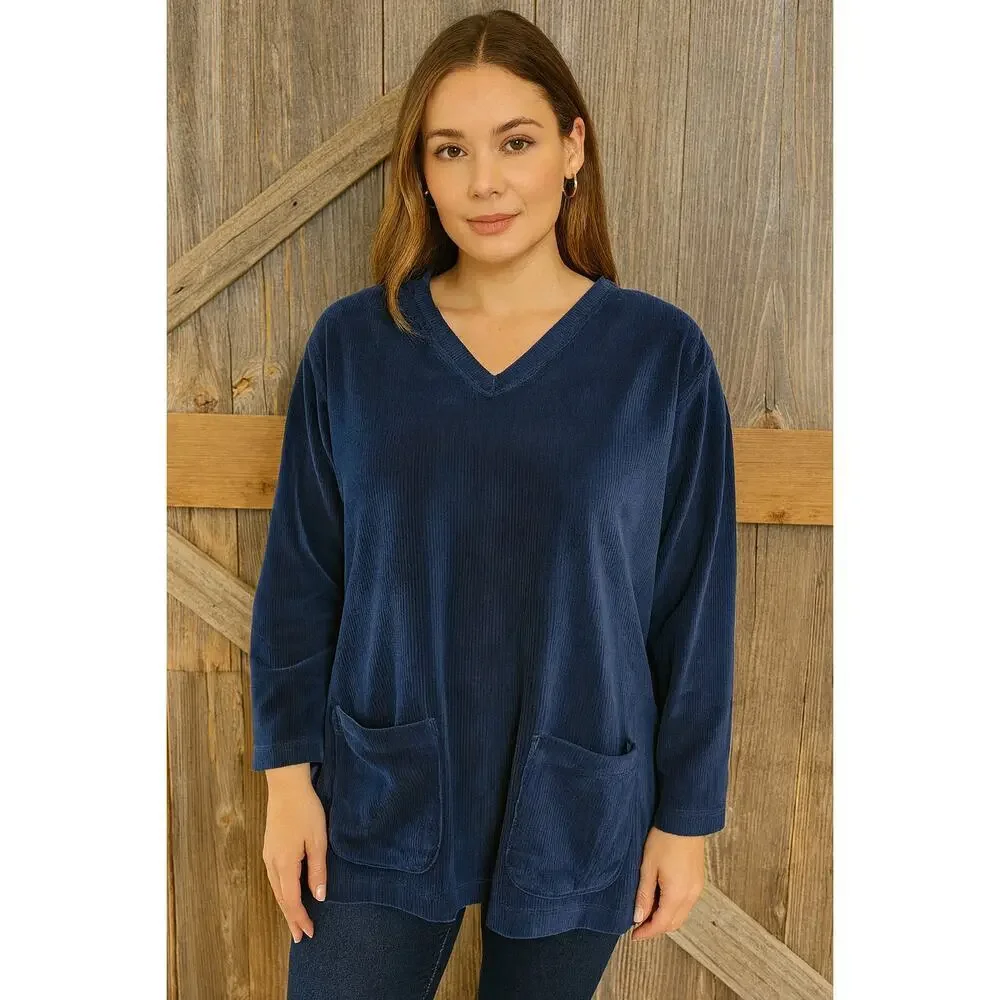 Vintage Jennifer Moore navy blue velour pocket lounge sweater comfy warm sz M +